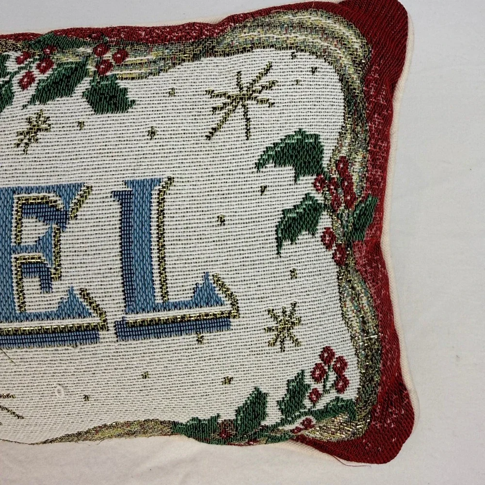 Vintage Christmas Noel Tapestry Throw Pillow Holly Berries Red 12x8